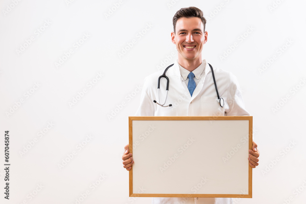 Image of young doctor holding empty whiteboard. Image of young doctor holding empty whiteboard.