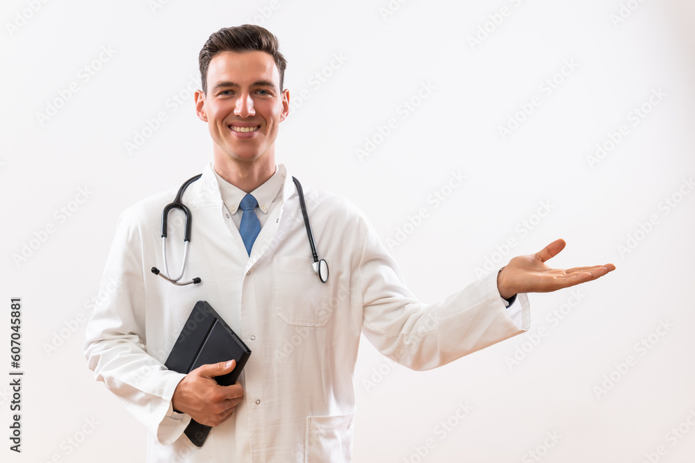 Image of doctor showing welcome gesture. and holding digital tablet. Image of doctor showing welcome gesture. and holding digital tablet.