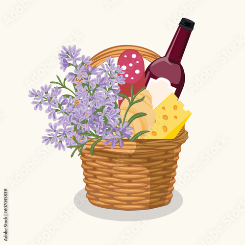 Hand drawn vector illustration of a picnic wicker basket