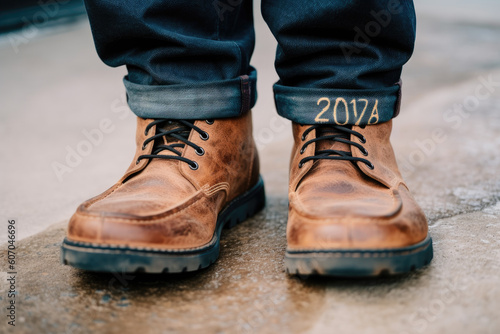 Close up view of legs of man in blue jeans and orange leather worn boots stand on a paved granite road, created with Generative AI.