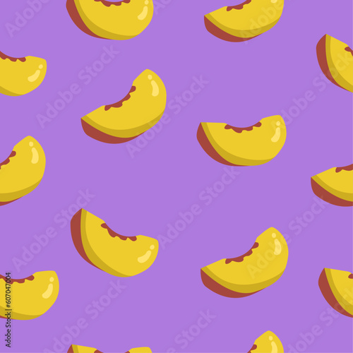 Summer bright fruit seamless pattern of cute juicy peach with purple background. Cartoon peach wedge seamless summer pattern in flat design for kids. Design for package and illustration for print