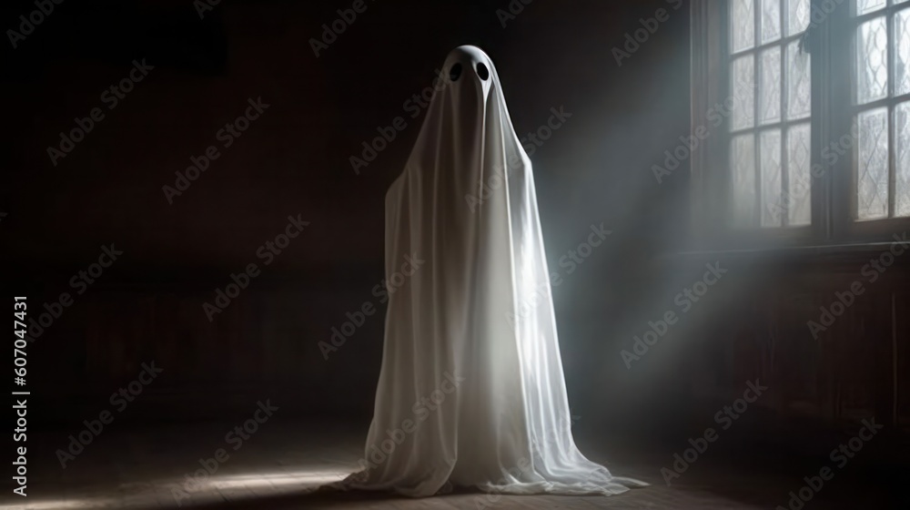 a gloomy and scary ghost in the twilight of the hall for Halloween .Generative AI a gloomy and scary ghost in the twilight of the hall for Halloween .Generative AI