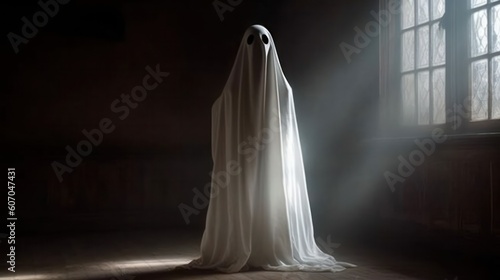 a gloomy and scary ghost in the twilight of the hall for Halloween .Generative AI