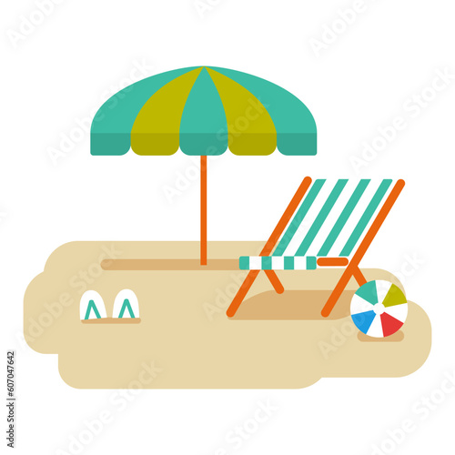 holiday on a beach with umbrella and beach chair. Summer holiday travel vector illustration