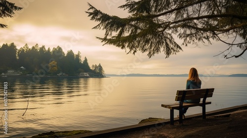 A woman sits on a bench alone. Mental health theme. Generative AI