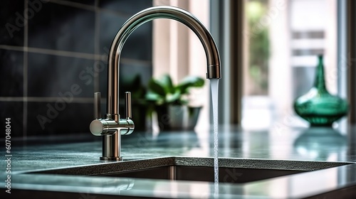 Save water. Tap in the minimalist kitchen is open and water flows from. Generative AI
