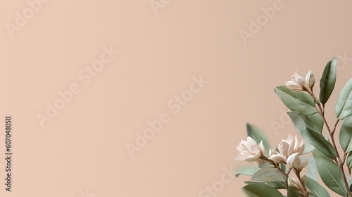 Elegant sprig of green ruskus with green leaves on a beige color background. Copy space. Generative AI