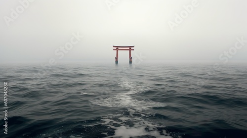 A japanese torii in the middle of the ocean made with Ai generative technology photo