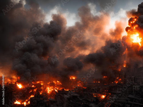 Photo of explosion in the city  apocalyptic night landscape  house destruction and burning