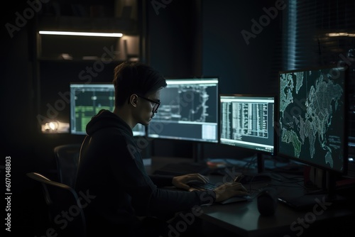 Programmer working at their computer, surrounded by monitors displaying code. Generative AI