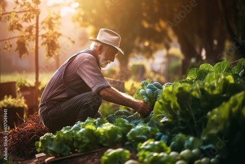 Senior grandfather kneels in the garden, sunny day. gardening concept. Organic and healthy lifestyle Generative AI