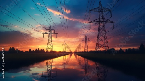 high voltage power line at sunset. Generative AI 