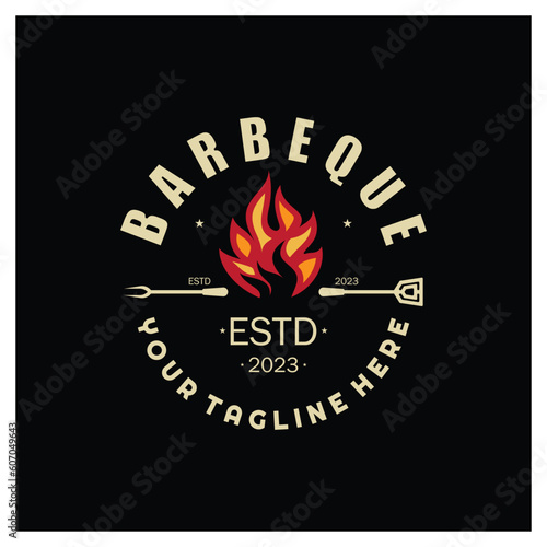 Smoke and BBQ Barbecue Vintage hot grill, with crossed flames and spatula. Logo for restaurant, badge, cafe and bar.vector