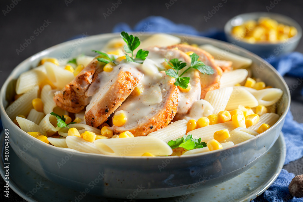 Homemade and tasty pasta with chicken and corn.
