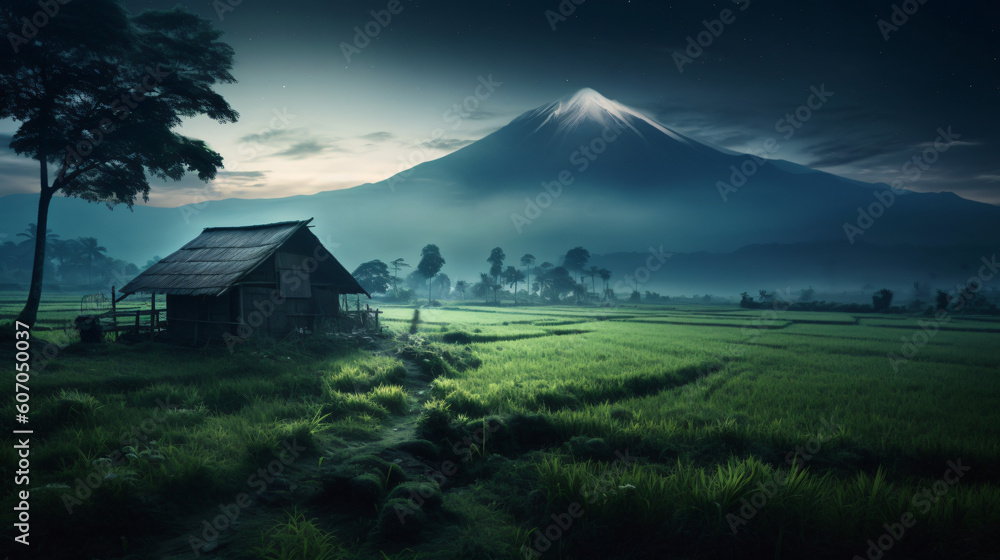 A beautiful hamlet among the mountains with Mt Fuji in the background