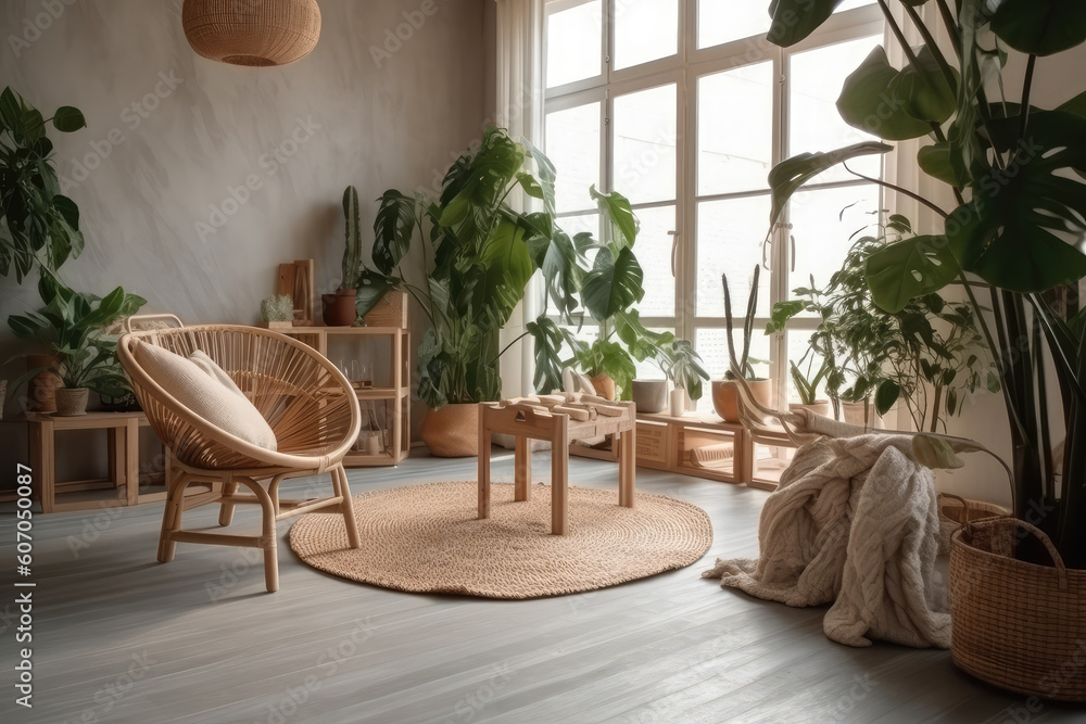 Cozy eco-house with room with rattan chairs, jute rugs on the floor and ...