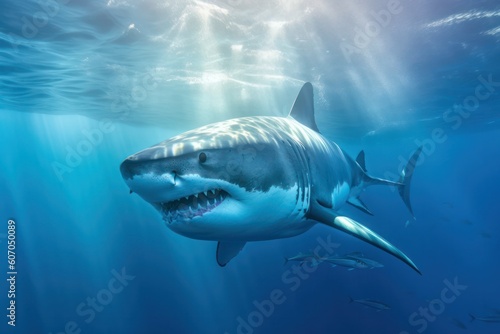 scary huge shark with open mouth underwater. Generative AI