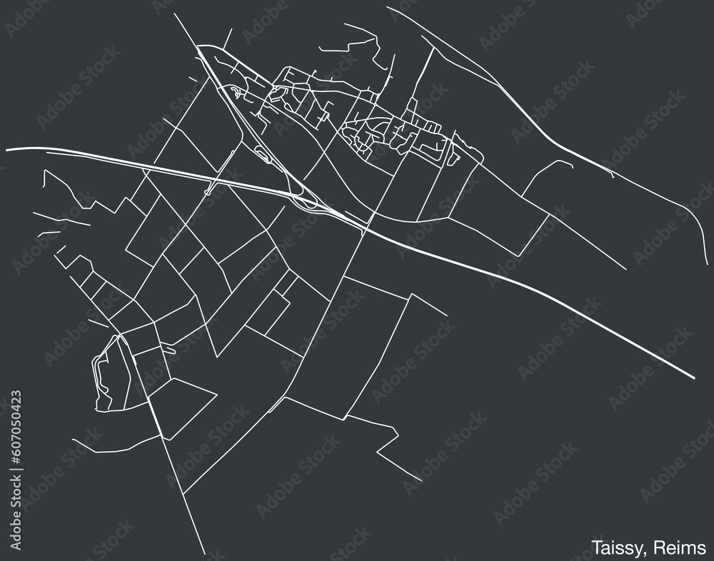 Detailed hand-drawn navigational urban street roads map of the TAISSY COMMUNE of the French city of REIMS, France with vivid road lines and name tag on solid background