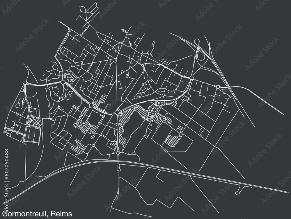 Detailed hand-drawn navigational urban street roads map of the CORMONTREUIL COMMUNE of the French city of REIMS, France with vivid road lines and name tag on solid background