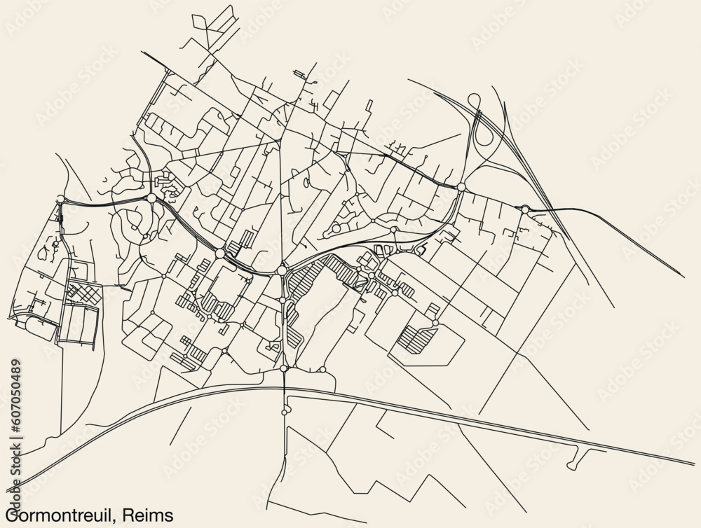 Detailed hand-drawn navigational urban street roads map of the CORMONTREUIL COMMUNE of the French city of REIMS, France with vivid road lines and name tag on solid background