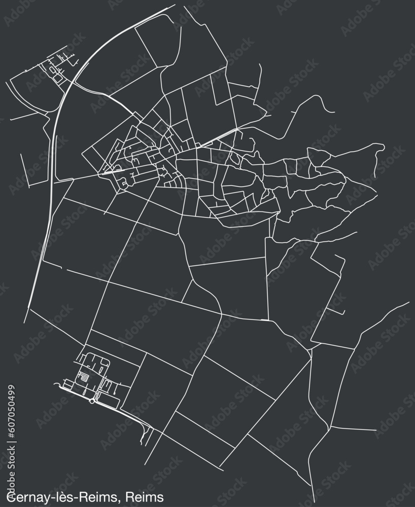 Detailed hand-drawn navigational urban street roads map of the CERNAY-LÈS-REIMS COMMUNE of the French city of REIMS, France with vivid road lines and name tag on solid background
