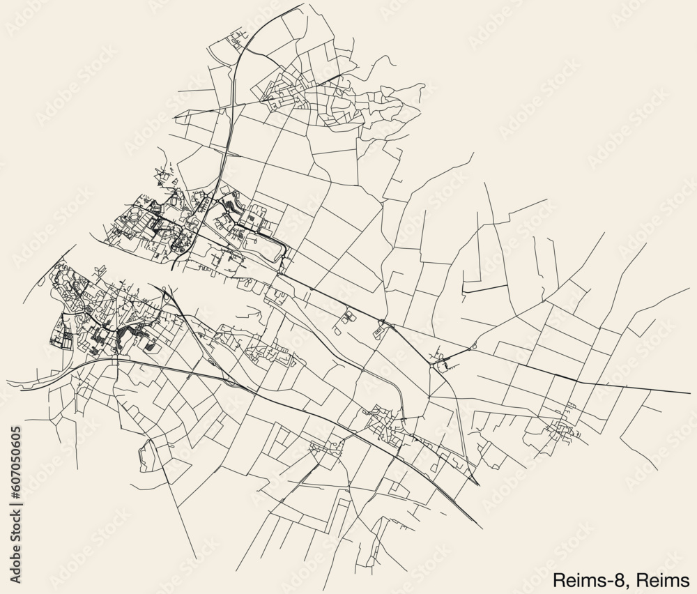 Detailed hand-drawn navigational urban street roads map of the REIMS-8 CANTON of the French city of REIMS, France with vivid road lines and name tag on solid background