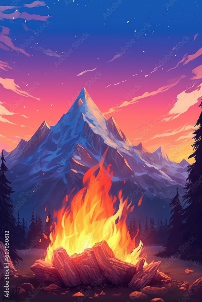 An outdoor background with a stunning campfire and mountain scenery. (Illustration, Generative AI)