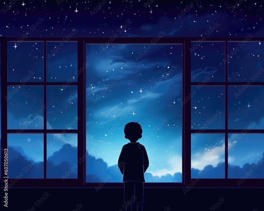 Fototapeta premium A child gazes at the open window to dream. (Illustration, Generative AI)