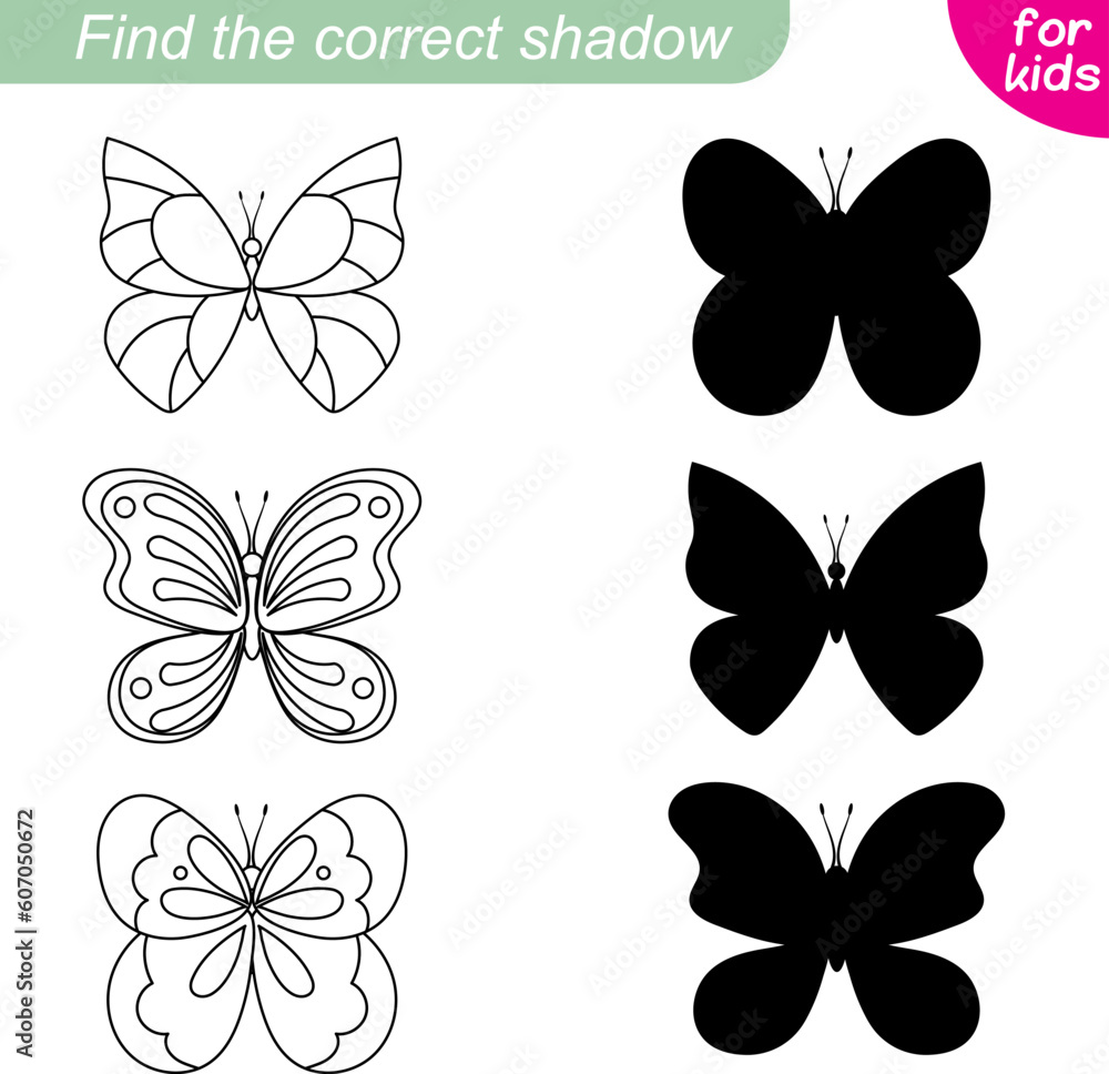 Find the correct shadow. Butterfly collection. Three different butterflies. Educational game for children. Find the correct shadow. Butterfly collection. Three different butterflies. Educational game for children.