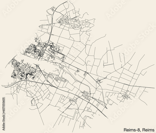 Detailed hand-drawn navigational urban street roads map of the REIMS-8 CANTON of the French city of REIMS, France with vivid road lines and name tag on solid background