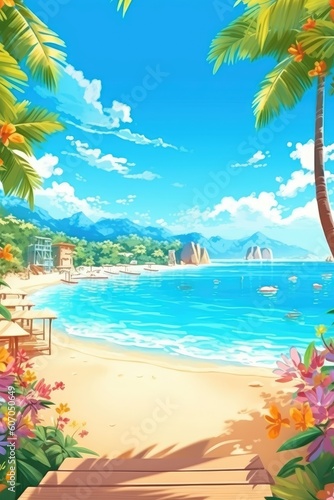 Digital art of a tropical paradise beach with crystal-clear water. (Illustration, Generative AI)