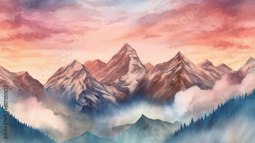 Soft-toned watercolor mountains. (Illustration, Generative AI)