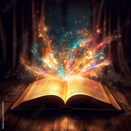 Opened old ancient book on a wooden table with magic firework over dark background. Fantasy illustration. An ancient book of mystical powers, knowledge, witchcraft, otherworldly forces. AI generated
