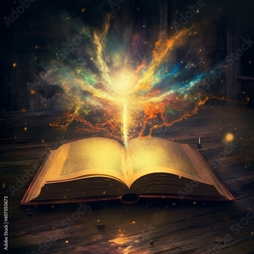Opened old magic book on a wooden table with magic firework over dark background. Fantasy illustration. An ancient book of mystical powers, knowledge, witchcraft, otherworldly forces. AI generated