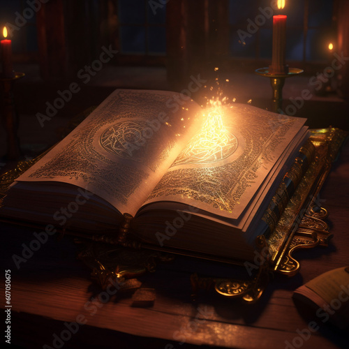 Opened old ancient Holy Bible book on a wooden table with burning candles in the dark. Fantasy illustration. Open book with magic light coming out of the pages on a dark background. AI generated