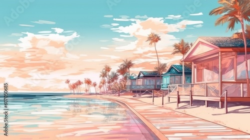 The background has pastel colors depicting a tropical beach. (Illustration, Generative AI)