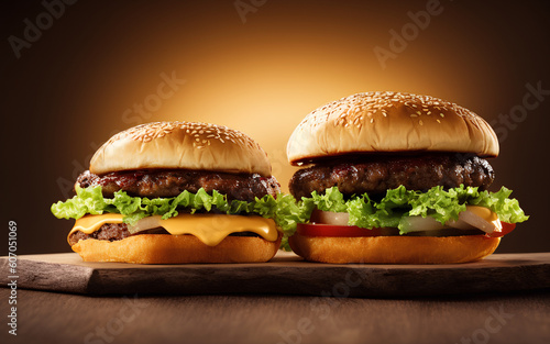 two burgers on a board, front view