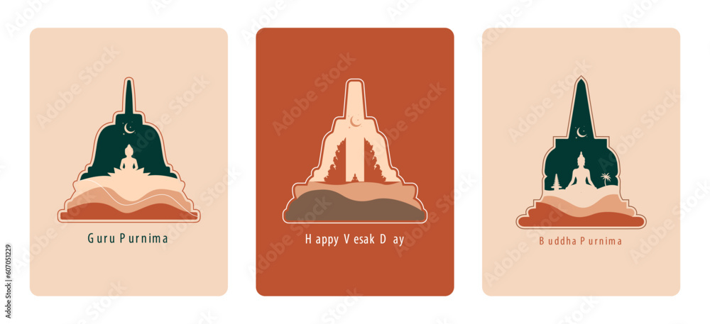 Set of Vesak Day Greeting Card Bohemian Flat Style. Buddha, Lotus, Temple, Pura Vector Illustration. Selamat Hari Raya Waisak. Happy Guru Purnima Background