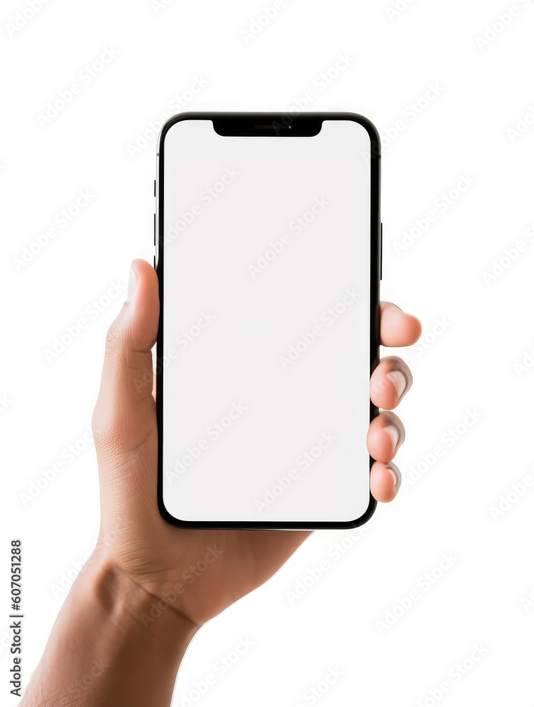 Front view of a hand holding a smartphone isolated on a white background Front view of a hand holding a smartphone isolated on a white background