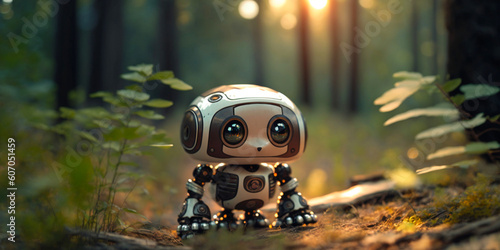 Little cute surprised robot in the forest. Charming robot curiously travels among the trees and foliage. Cartoon character. generated ai