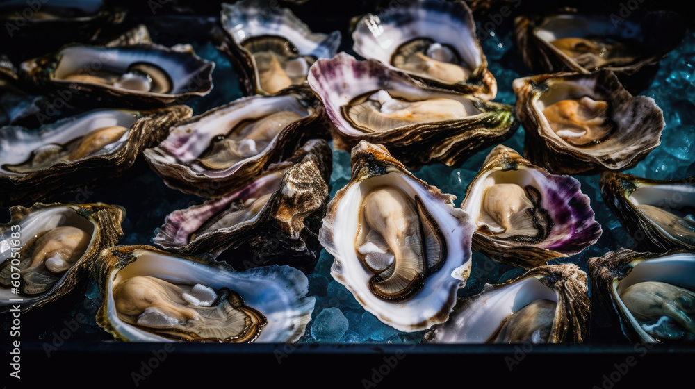 Fresh oysters on a black background. Close-up view. Generative AI Fresh oysters on a black background. Close-up view. Generative AI