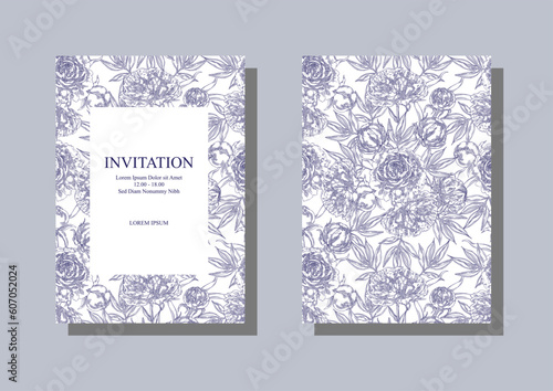 Blue Peony Pattern. Floral wdding invitation, postcards, banner and background design template. Vector illustration on white background. photo