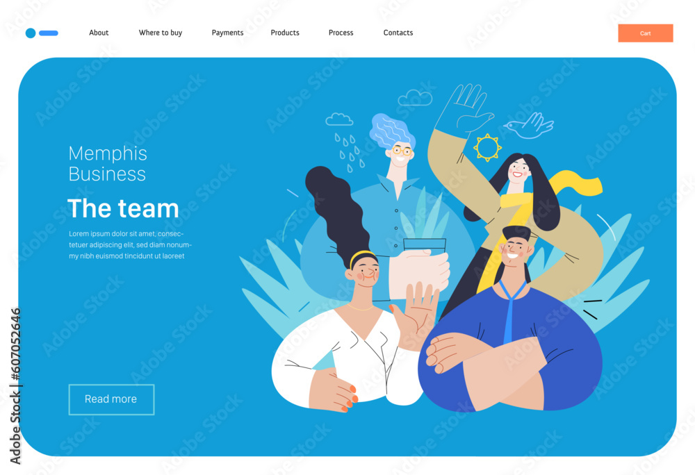 Memphis business illustration - our team, header. Flat style modern outlined vector concept illustration. Group of people, creaw, standing together. Corporate teamwork business metaphor. Memphis business illustration - our team, header. Flat style modern outlined vector concept illustration. Group of people, creaw, standing together. Corporate teamwork business metaphor.
