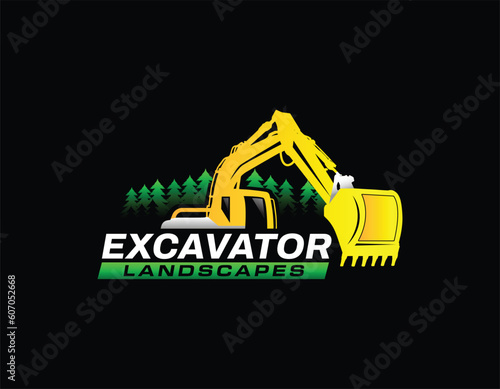 Excavator Backhoe with Black Background Land Mowing Logo Design Template