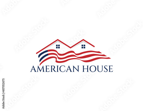 America Flag House Property Logo Design Template