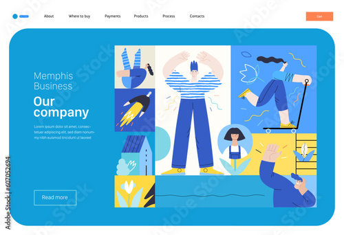 Memphis business illustration - our team, header. Flat style modern outlined vector concept illustration. Group of people, creaw, standing together. Corporate teamwork business metaphor.