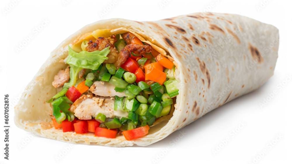 Tortilla wrap with fried chicken meat and vegetables isolated on white background Tortilla wrap with fried chicken meat and vegetables isolated on white background