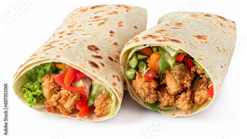 Tortilla wrap with fried chicken meat and vegetables isolated on white background