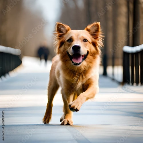 Happy running dog with blur background, great to use for blog, website, business, advertisement etc