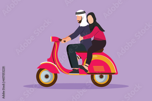 Cartoon flat style drawing romantic Arab couple riding motorcycle. Man driving scooter and woman passenger while hugging. Driving around city. Drive safely concept. Graphic design vector illustration
